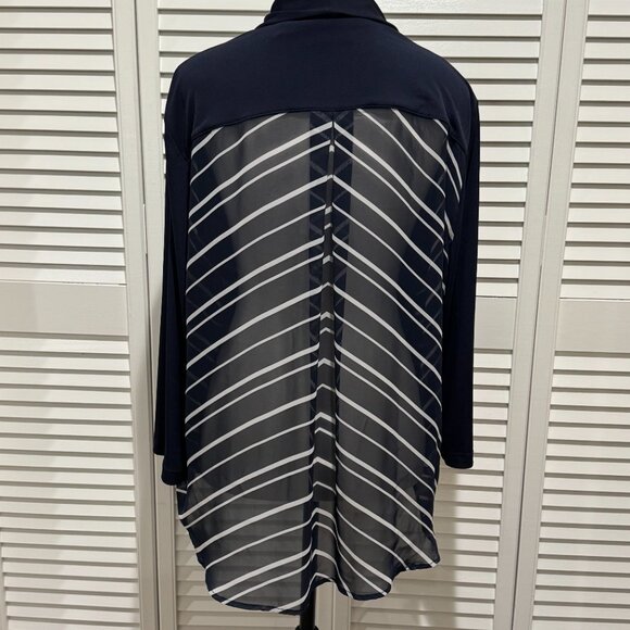 Chico’s Size 3 (XL 16/18) Navy Open Front Cardigan Striped Chiffon Back Mixed Me - Picture 4 of 8